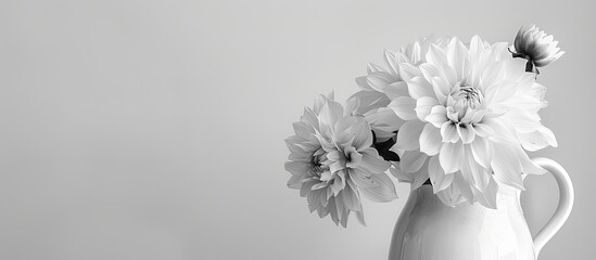 Aufkleber - Monochrome image of a vintage jug with white dahlia flowers against a white backdrop providing ample copy space for text