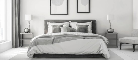 Aufkleber - Minimalistic bedroom with contemporary bed stylish cover two elegant lamps and copy space image in the apartment