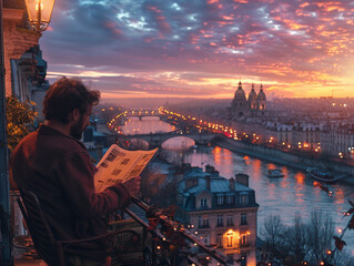 Wall Mural - Man Reading Newspaper on Parisian Balcony at Sunset