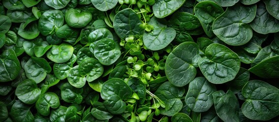 Aufkleber - Fresh green spinach petals and microgreens mimicking lush grass on a menu background cater to keto or paleo diets in a top view copy space image