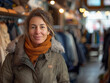 © pavlofox - Woman Wearing a Brown Jacket Smiles in a Clothing Store