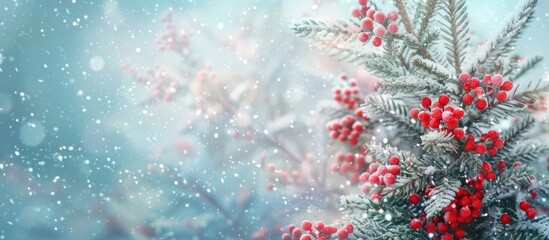Fototapete - Winter holiday theme with a Christmas tree red berries and snow effect on a background perfect for Happy New Year greetings and text placement in the copy space image