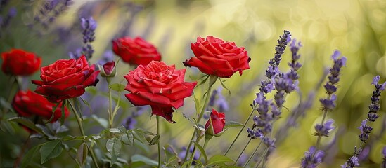 Poster - Selective focus on garden red roses and lavender in natural light creating a picturesque copy space image