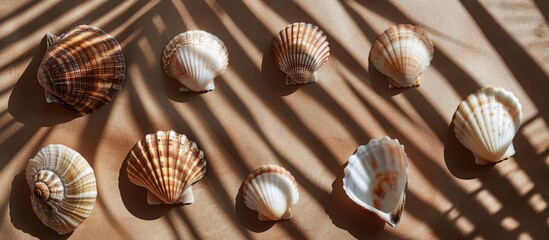 Poster - Various seashells with a palm branch shadow on a brown backdrop depicting summer vacation and travel shot in close up with room for text or images. copy space available