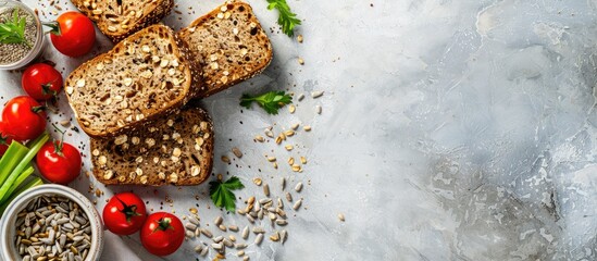 Poster - Whole grain bread complemented by sunflower seeds and fresh vegetables on a white rustic table creating an inviting and appetizing copy space image