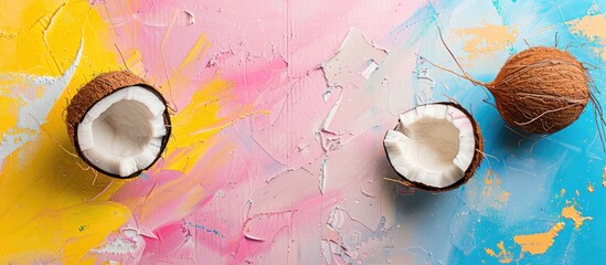 Poster - An overhead view of a cracked coconut on a colorful backdrop with copy space image