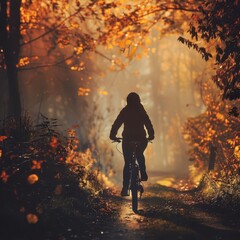 Wall Mural - silhouette of a woman cycling through a misty autumn forest golden sunlight filtering through colorful foliage creating a magical ethereal atmosphere nostalgic and serene composition