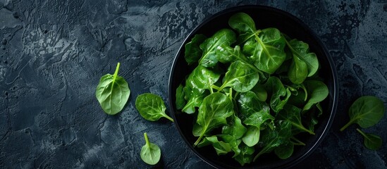 Poster - Top view of salad leaves mixed in a black bowl set against a backdrop of dark slate stone or concrete with an empty space for additional content in the image