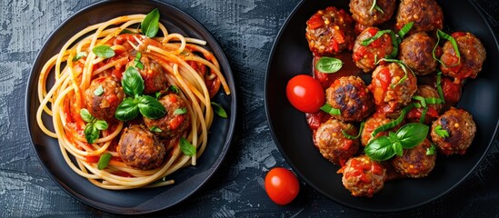 Wall Mural - Overhead view of beef meatballs with spaghetti and tomato sauce on a plate with copy space image available