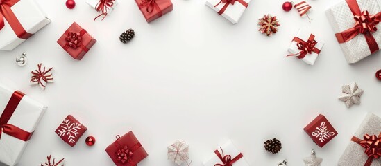 Poster - Festive Christmas gift boxes arranged neatly on white backdrop with copy space image
