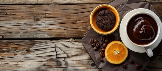 Poster - Coffee in a white cup and an orange chocolate cookie with chocolate sauce in a bowl displayed on a geometric wooden table with space for text or images. copy space available