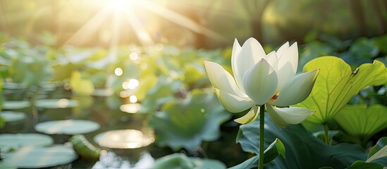 Leinwandbilder - A stunning lotus flower blooms in the morning sunlight with lush green leaves in the background creating a serene copy space image