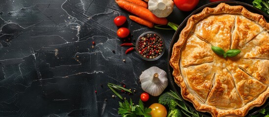 Poster - Delicious vegetable pot pie surrounded by its ingredients on a black backdrop with a copy space image