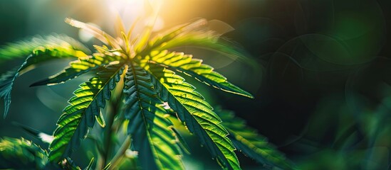 Close up of a vibrant green cannabis leaf against a dark backdrop with a sunbeam and radiance ideal for medical marijuana cultivation with space for additional images