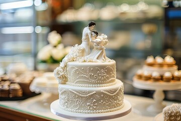 Delicious white two tiered wedding cake decorated with icing flowers and figurines