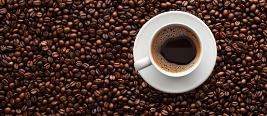 Aufkleber - Coffee cup on a saucer encircled by coffee beans creating a seamless texture for a copy space image