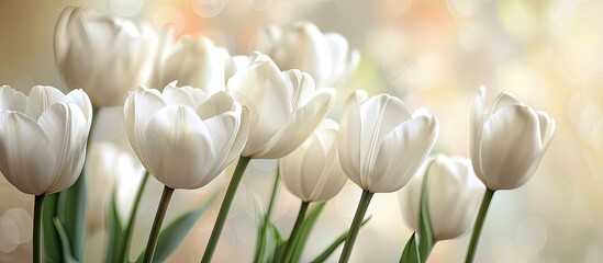 Aufkleber - Festive white tulips in the background create an ideal image for Women s Day Easter or spring themes with available copy space