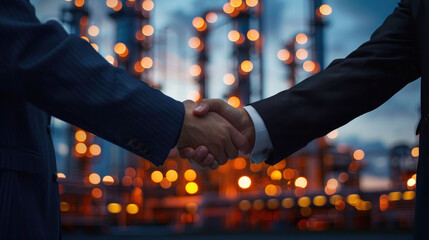 Two businessmen shaking hands with an oil plant in the background