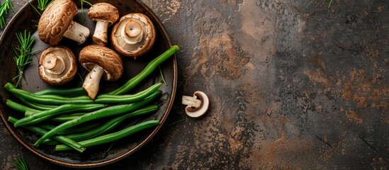 Poster - Table set with delicious mushrooms and green beans on a plate with copy space image