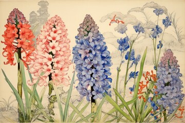 Wall Mural - Hyacinth flowers frame art painting blossom.