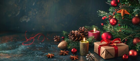 Poster - A festive arrangement of Christmas gifts a decorated tree with candles and colorful ornaments like stars and balls on a dark backdrop with copy space image
