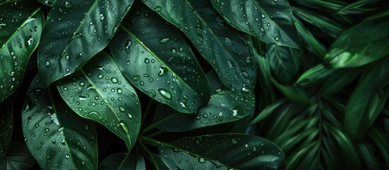 Poster - Lush tropical green leaves adorned with glistening rain droplets in a copy space image