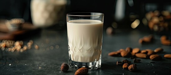 Poster - Dark food photo featuring almond milk in a glass and nuts nearby perfect for a vegan diet with ample copy space for text