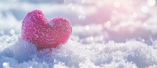 Fototapete - Valentine s Day love concept depicted with a pink heart framing a snowy backdrop in a copy space image