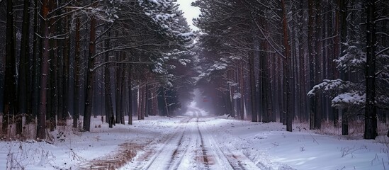 Poster - Snowy winter road bordered by tall trees in a forest setting perfect for a copy space image