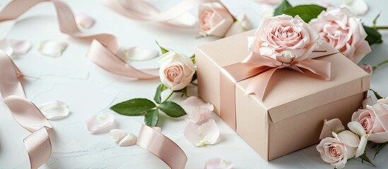 Poster - Gift box with ribbons and lovely roses in a copy space image on a white backdrop