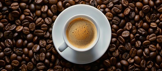 Aufkleber - Coffee cup on a saucer encircled by coffee beans creating a seamless texture for a copy space image