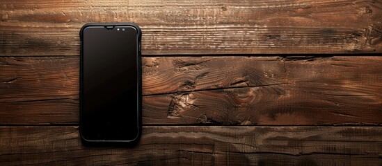 Aufkleber - Top view of a smartphone resting on a wooden surface with ample copy space image