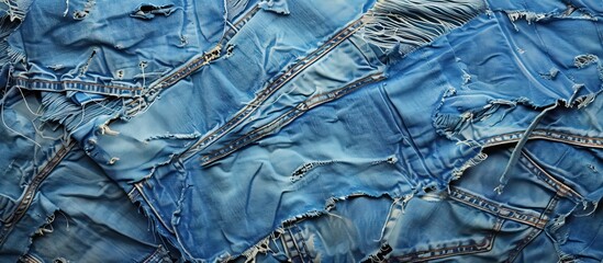 Fototapete - Texture of blue torn jeans showcasing damage ideal for background or copy space image