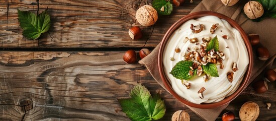 Poster - Top view of hazelnut cream with nuts and green leaves on a wooden backdrop providing copy space in the image