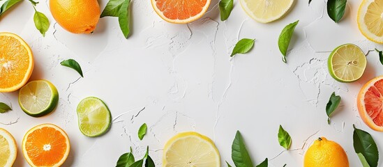 Poster - Various sliced citrus fruits and leaves arranged on a white table in a flat lay style with room for text on the image. copy space available
