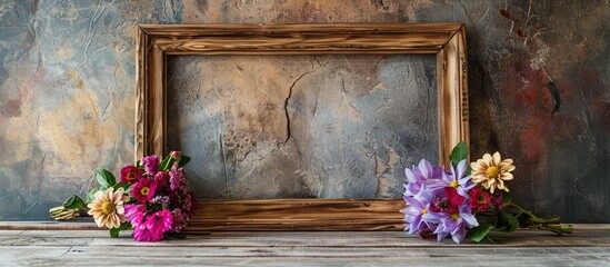 Poster - A wooden picture frame displayed on an old wooden table with two flower bouquets as a decoration creating a charming setting with copy space image