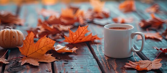 Poster - Autumn maple leaves beside a cup with a cozy background ideal for adding text aka copy space image