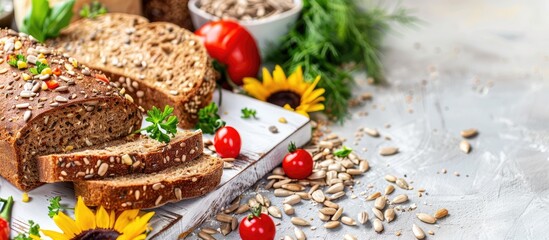 Poster - Whole grain bread complemented by sunflower seeds and fresh vegetables on a white rustic table creating an inviting and appetizing copy space image