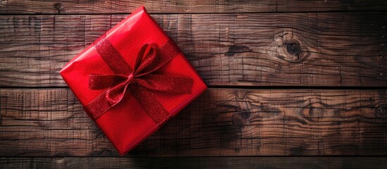 Leinwandbilder - A gift wrapped in festive red paper displayed on a wooden background for occasions like Christmas birthdays Mother s Day or Valentine s Day with copy space image
