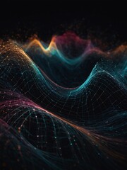 Dark background with abstract wave imitation and particle network design. Big data visualization