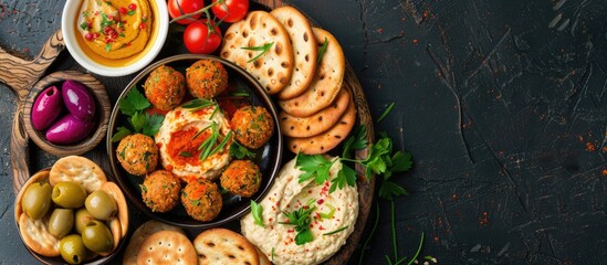 Poster - Top view of a falafel platter displayed with hummus olives crackers and vegetables demonstrating a mindful vegan food idea in a copy space image