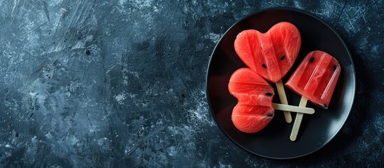 Poster - Valentine s Day snack idea heart shaped watermelon popsicles on a black plate displayed on a dark blue stone background with a top view and ample copy space image