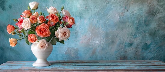 Aufkleber - A beautiful bouquet of roses displayed in a vintage white vase on a wooden table against a rustic blue wall with ample copy space image