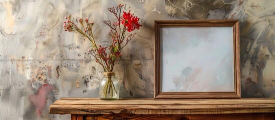 Poster - A wooden picture frame displayed on an old wooden table with two flower bouquets as a decoration creating a charming setting with copy space image