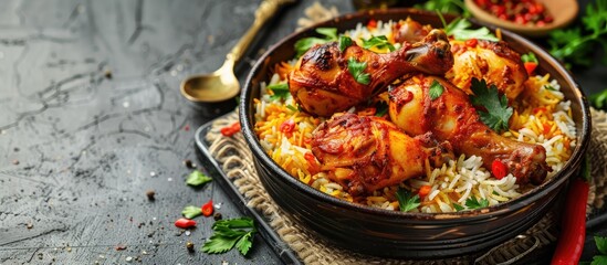 Poster - Delicious rice curry accompanied by spicy chicken drumsticks in a tantalizing dish with a rustic touch and copy space image