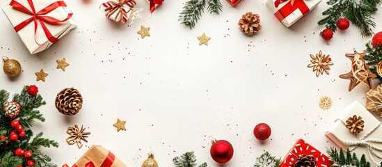 Fototapete - Top view of Christmas decorations gift boxes and garland forming a frame on a white background with empty space for additional elements or text