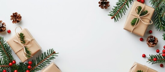 Fototapete - Christmas branches and gift boxes create a festive holiday ambiance against a light background in this copy space image