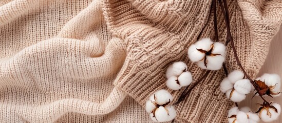 Poster - Top view copy space image featuring a cozy autumn setup with cotton flowers on a knitted beige sweater or plaid background embodying a fall concept with a touch of cozy lifestyle details