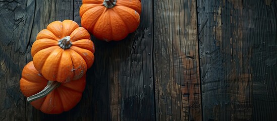 Poster - Copy space image featuring two pumpkins placed on a dark wooden surface symbolizing autumn harvest and Thanksgiving Top view perspective captured