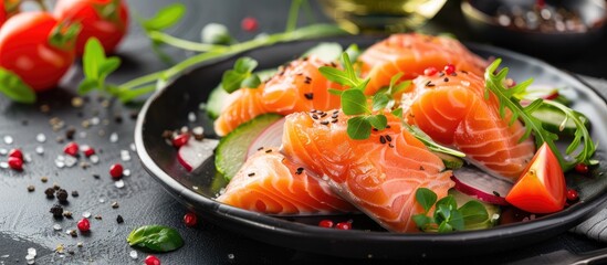 Poster - Vegetables and salmon salad on a dark backdrop with focused detail for a copy space image